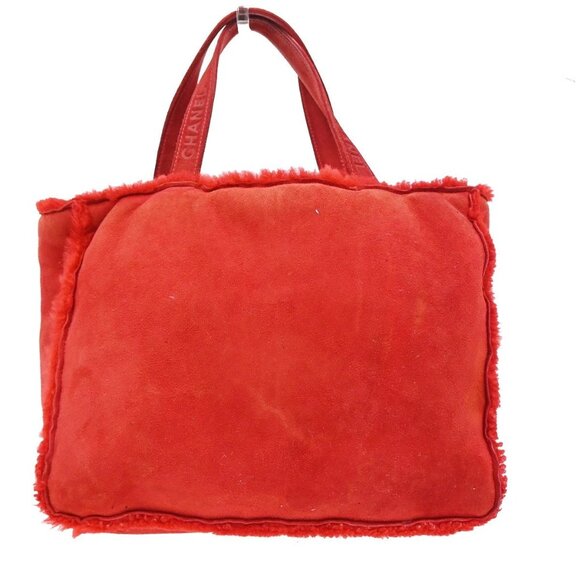 CHANEL CC Logo Hand Tote Bag Suede Shearling Fur Red GHW France 86KA838 - Picture 1 of 15